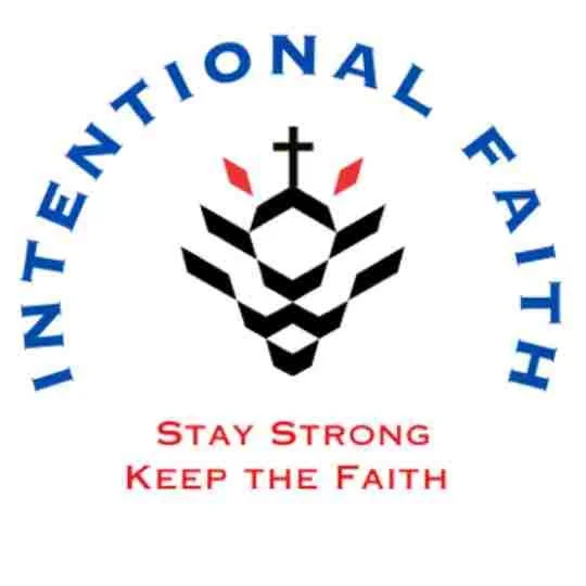 The logo of the United Methodist Faith features a black cross with red flames, a dove, and an abstract design, with the text "Stay Strong Keep the Faith" in red and the words "United Methodist Faith" in blue around the top of the logo.