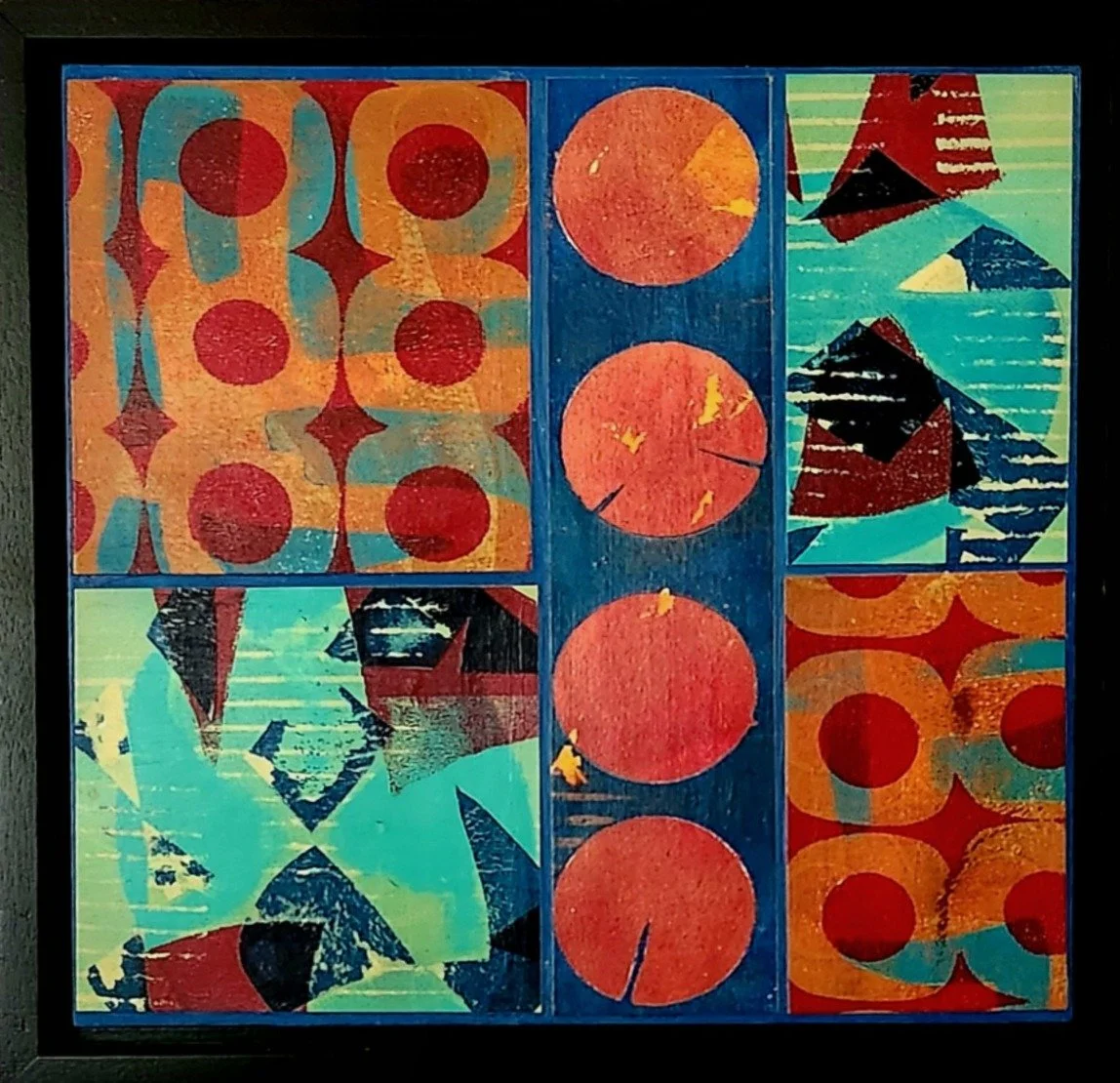 Button Down - 
There is a retro spirit to this piece which is delightful.
The uneven symmetry and bold red circles evoke a 
sense of playfulness that disrupts the usual 
associations one has with being buttoned down.

10 x 10 Original Art Collage 
