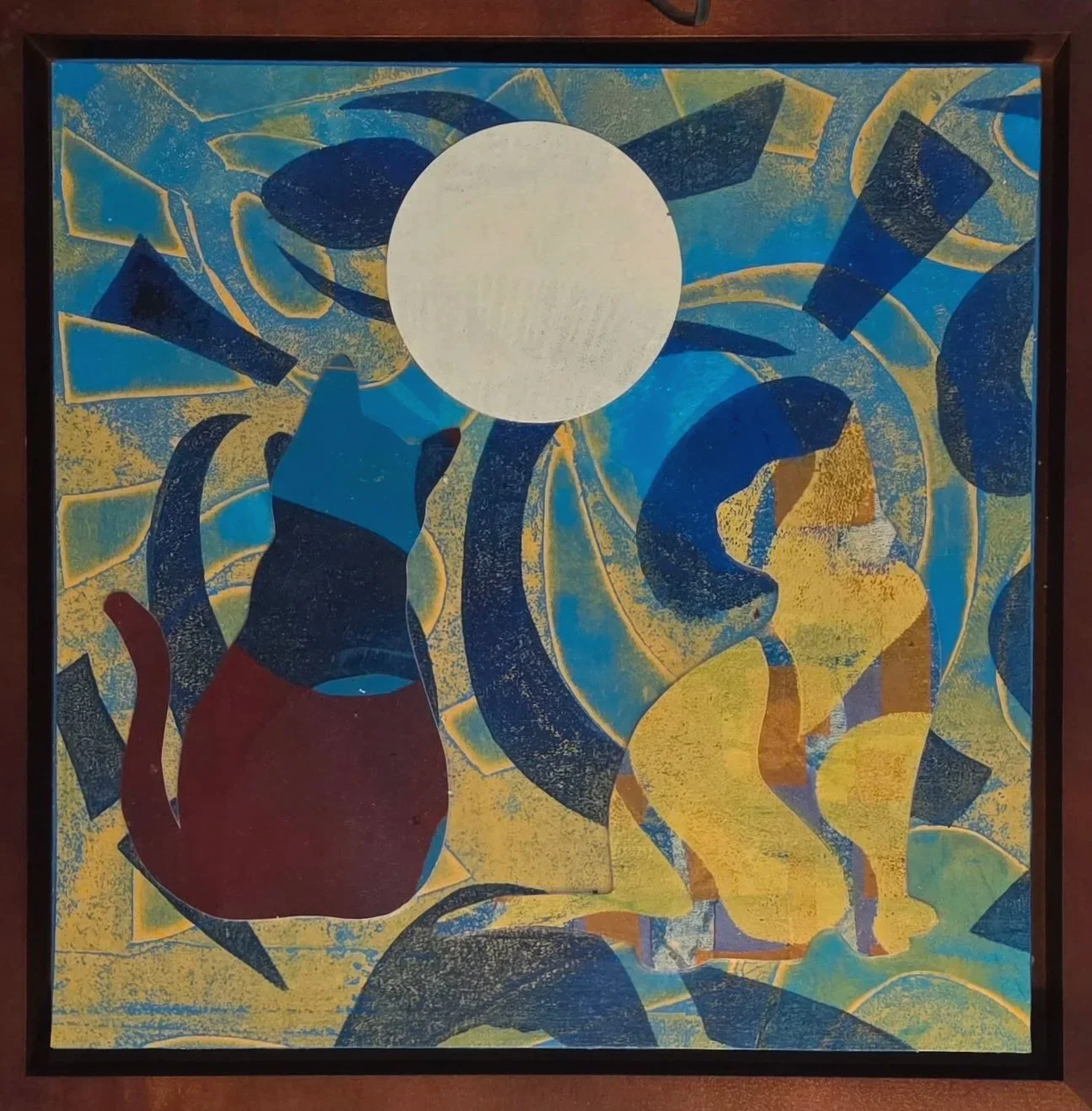 Moonglow Cats - Step into the nocturnal explorations of these feline beauties basking in the glow of a bright full moon. Collage of handprinted papers. 10 x 10