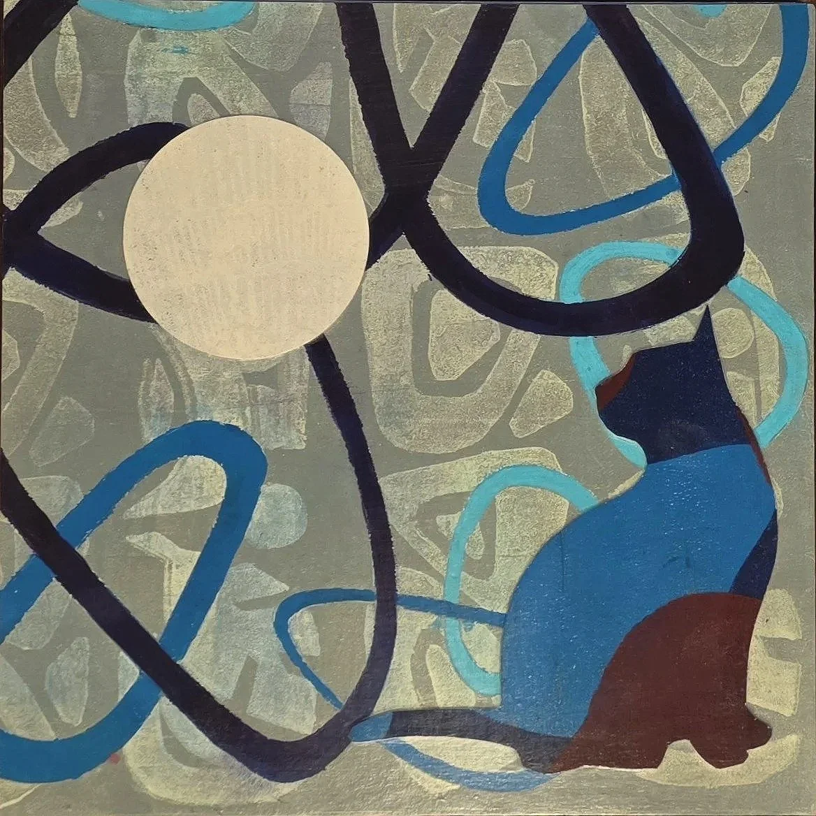 Space Cat - Swirling orbs fill the night sky under the watchful eye of a lone cat. Collage of handprinted papers. 10 x 10