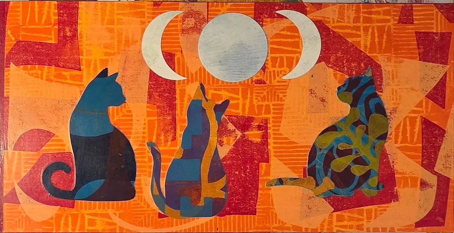 Full Moon Cats - Shadow and light fill the night as three felines prepare for an evening of watching, pouncing, and chasing shadows. Collage of handprinted papers. 10 x 20