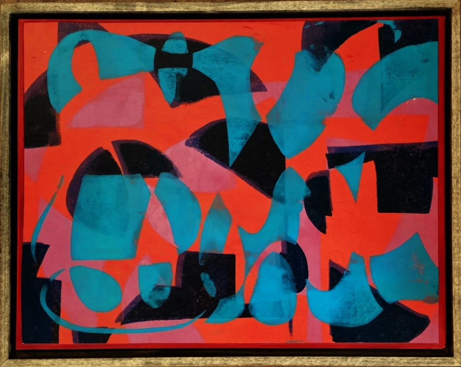 When I Dream I dream in Color - Vibrant blue-green forms shimmer and float on a background of orange, rose red, and ultraviolet. Hot and cool colors create dynamic tension below the surface which feels similar to active dreaming. As a vivid dreamer I