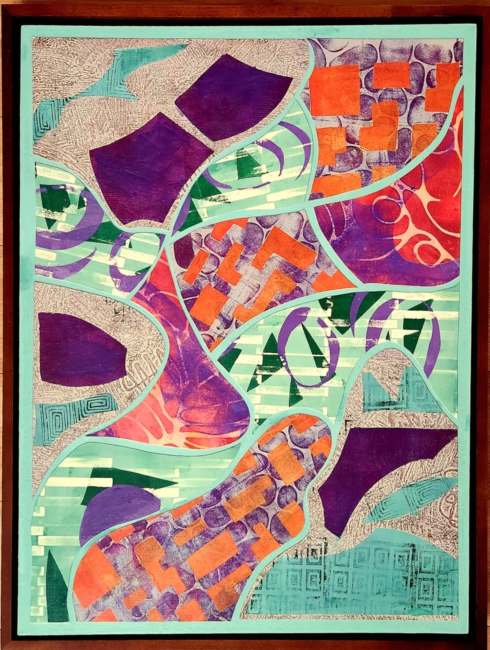 Above it All - Abstract landscape conveys a sense of spaciousness and gentle motion through its aerial perspective, organic shapes, and harmonious palette of celadon green, deep violet, and burnt orange - 18 x 12 Abstract collage with handprinted pap