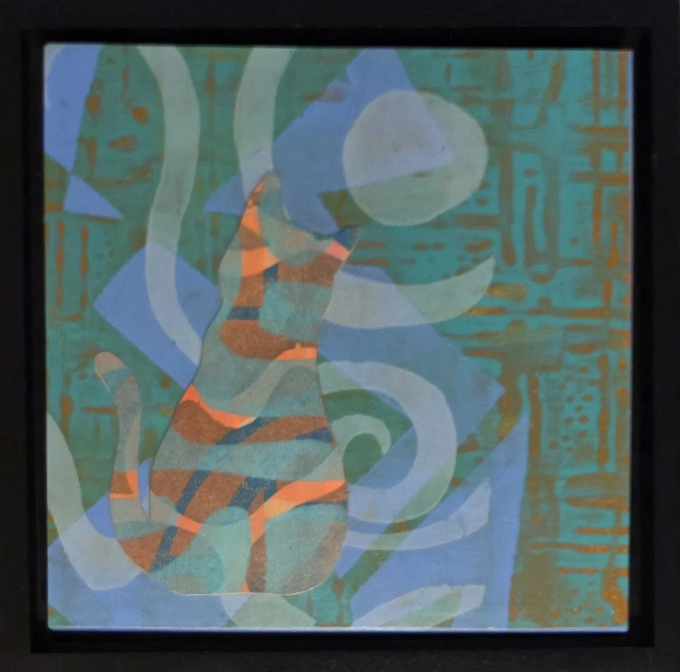 Wishing Cat - A shy kitty melts into the evening as she takes in the full moon. Collage of handprinted paper. 8 x 8