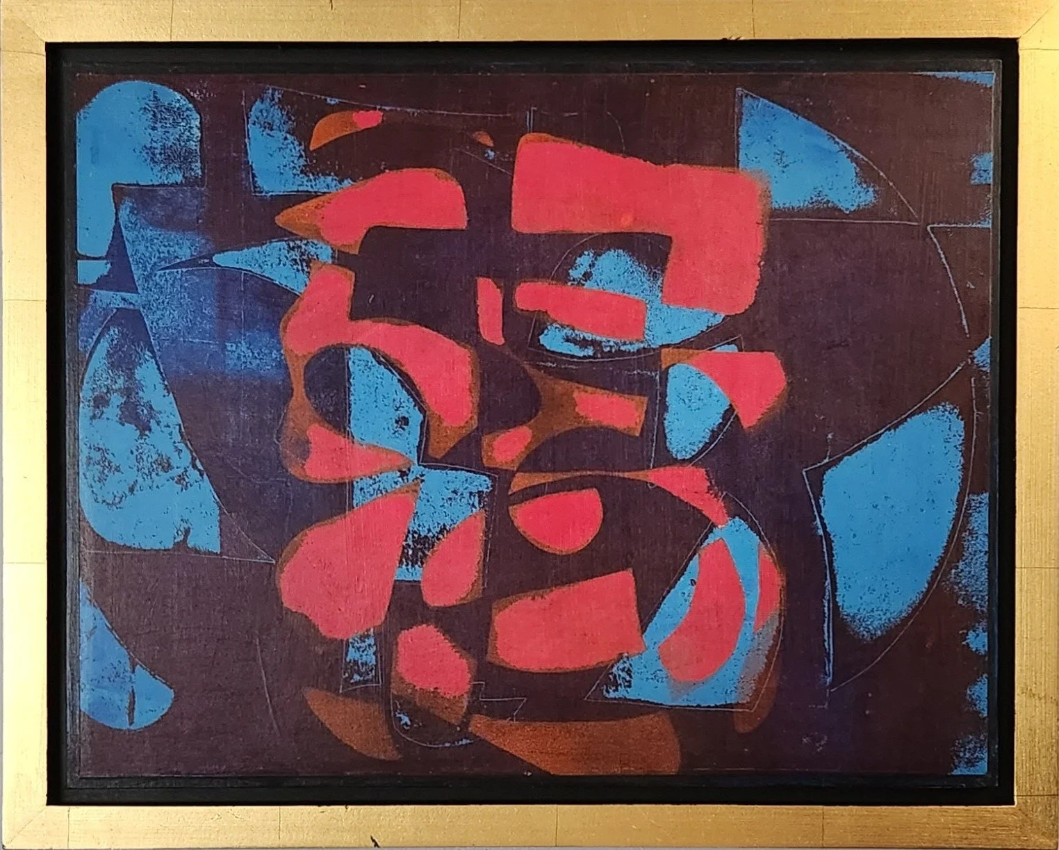 Inner Voice - Vibrant colors framed in gold represent change, movement, and flow. Crimson pink abstract forms float on a background of Prussian blue and violet  layered with Cerulean blue forms. Their bold interaction remind us of the dynamic energy 