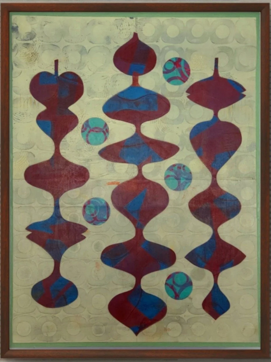 Elegance - Graceful forms cut from dark violet and blue handprinted paper float atop a layered background of celadon green and grey. In this piece I tried to capture some of the exquisite elegance of artist Ruth Asawa's hanging wire sculptures. SOLD