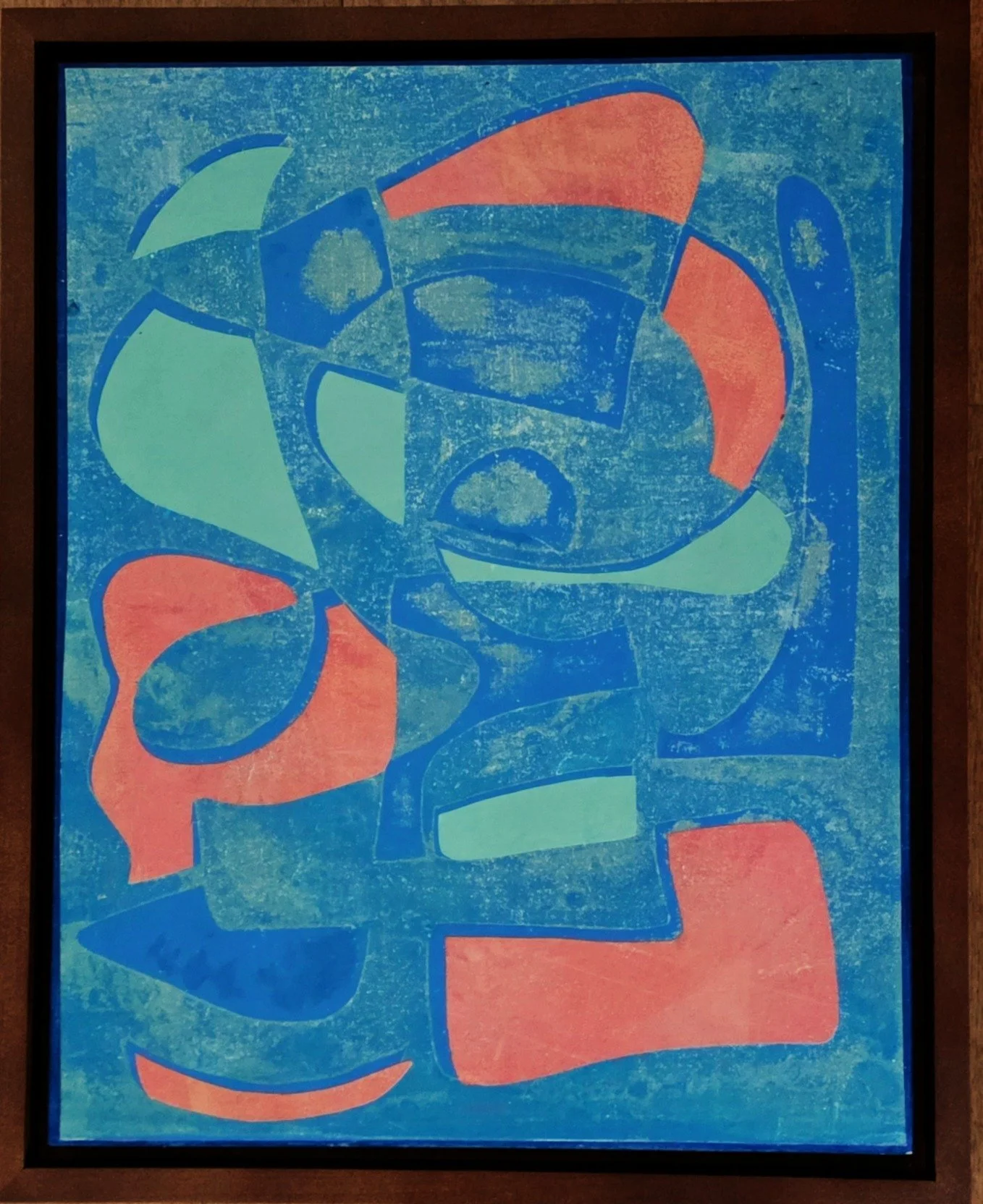 Slow Dance - One step, two step. Feel the easy movement of teal and rose abstract forms floating gently on a weathered blue background. Sway and listen to the music. 1 1 x 14 monotype with collage