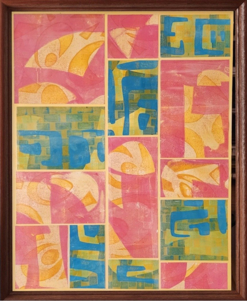 Late July - A delicious palette of pink, yellow, blue, and green is reminiscent of watermelon and lemonade on a bright summer day. Soft energy arises as your eye follows the flowing movement of blue and green - perhaps a cooling rain - that extends b