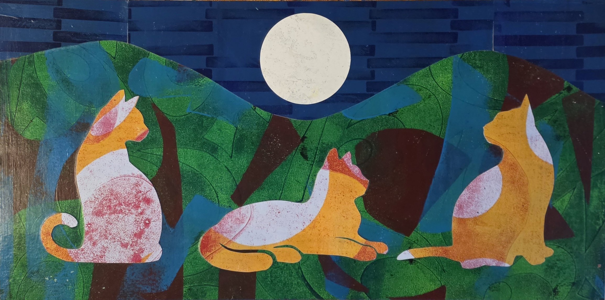 Jungle Cats - Backyard lions keep a regal watch as the full moon rise over the mountains. Collage of handprinted papers. 10 x 20