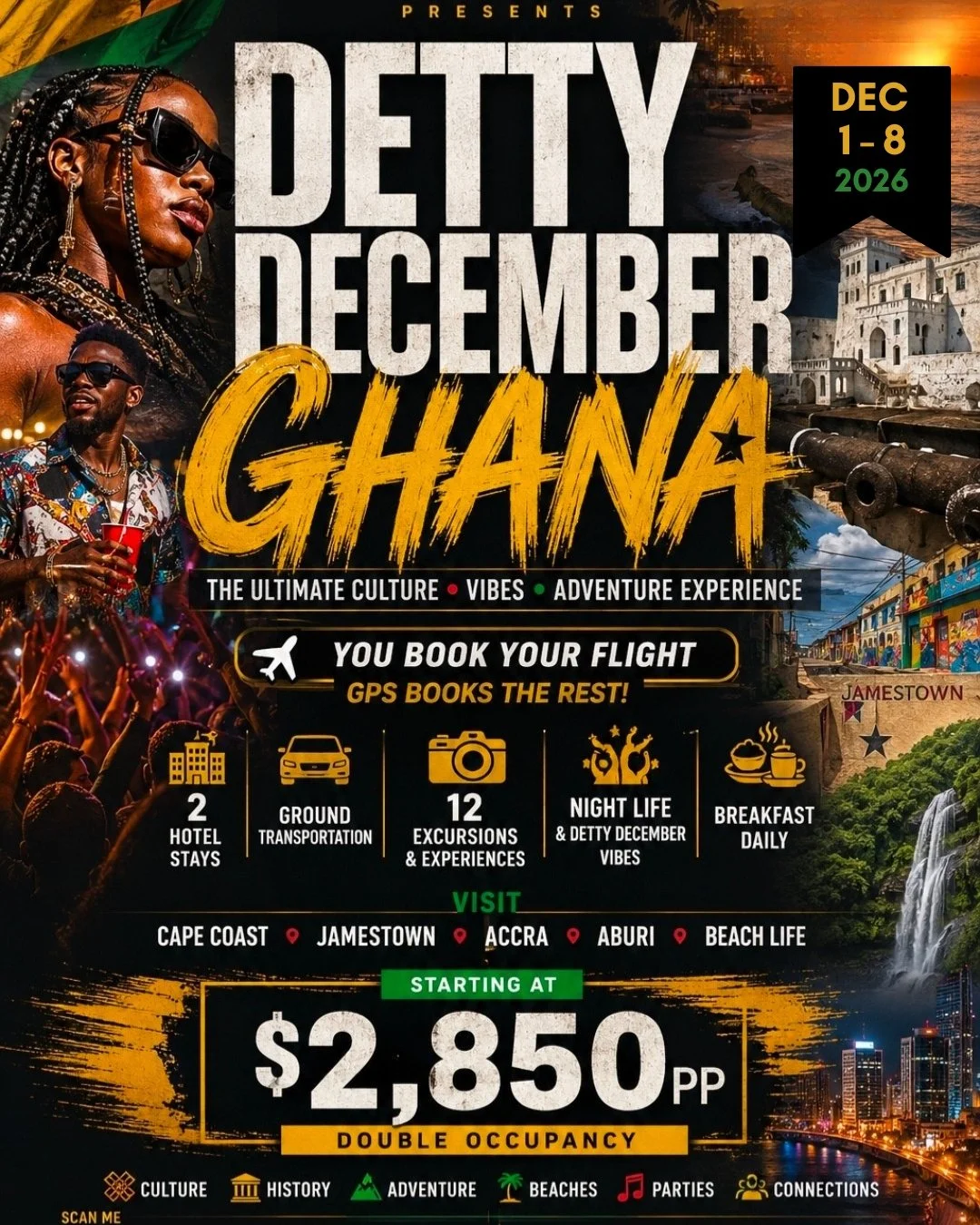 Colorful advertisement poster for a Ghana cultural experience trip from December 7-15, 2026, featuring smiling women dressed in traditional African attire and playing musical instruments, with details of the trip, price, deposit, transportation, accommodations, and contact information.