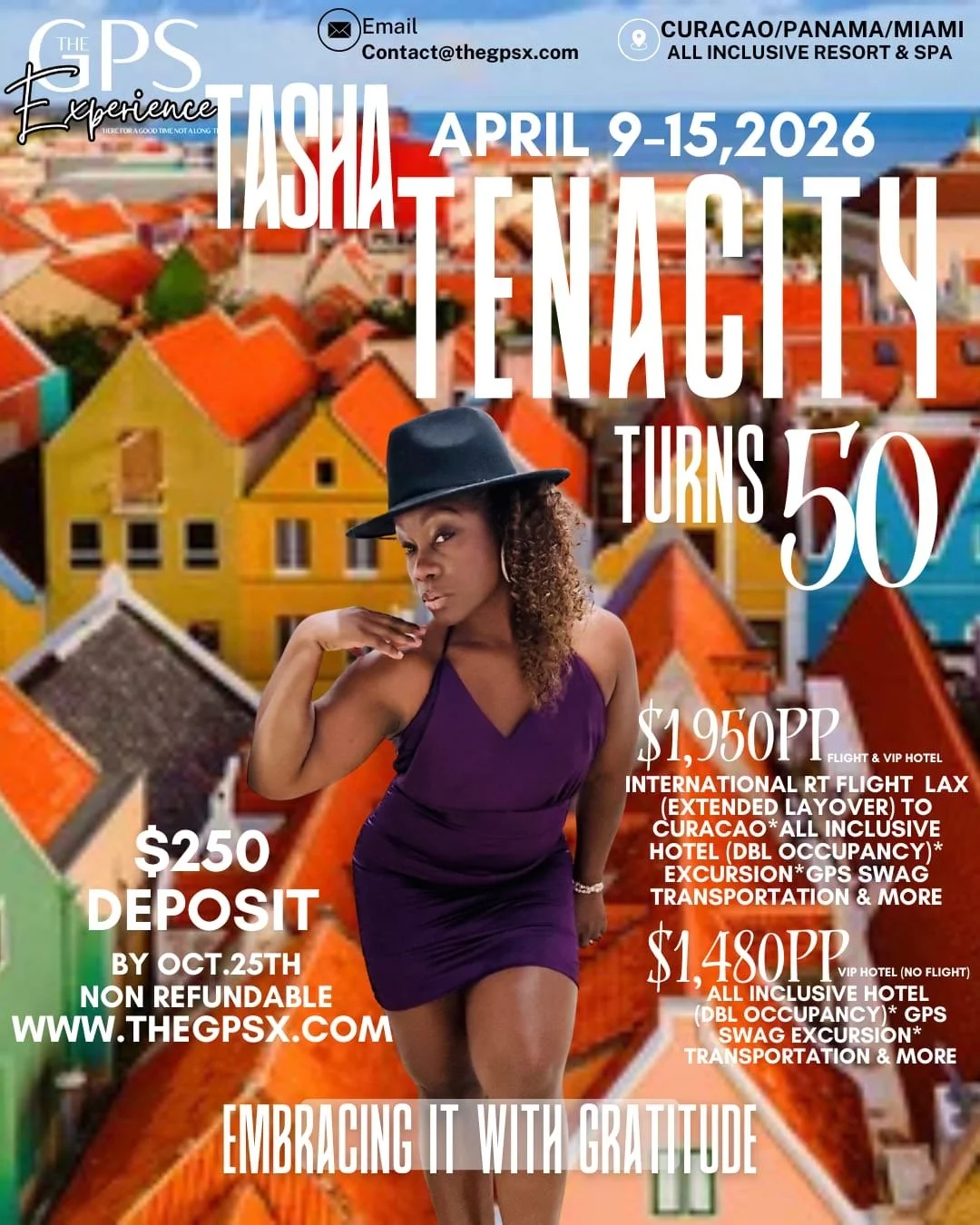 Travel advertisement featuring a woman in a purple dress and black hat with a colorful background of houses, promoting an trip to Curacao and Panama from April 9-15, 2026, celebrating Tisha's 50th birthday.