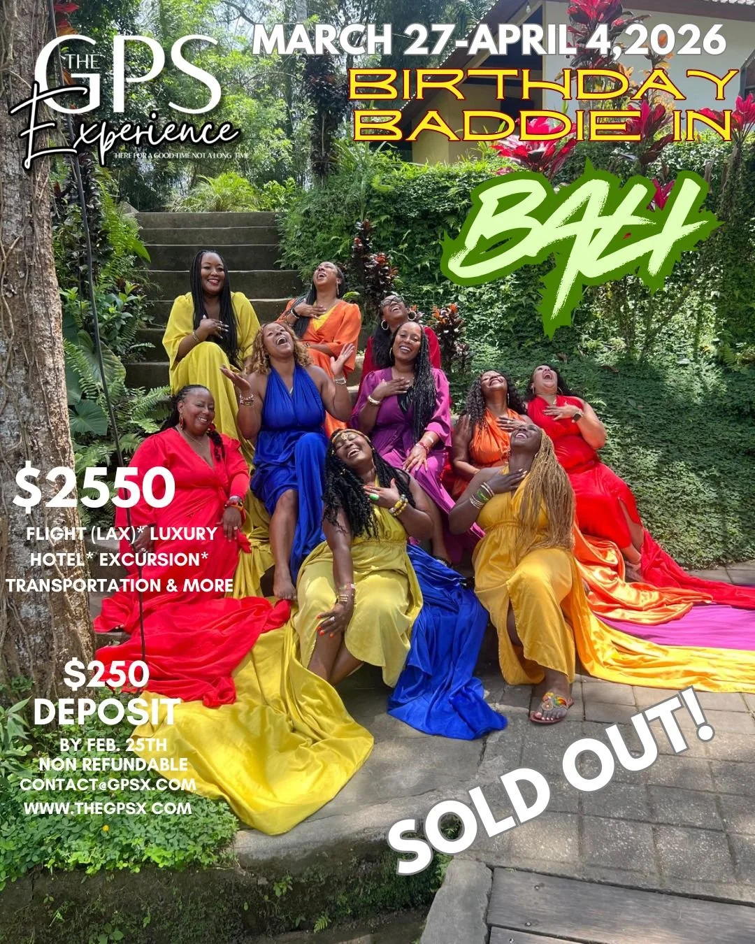 A colorful brochure promoting a birthday trip to Bali, featuring a group of women in vibrant dresses laughing on outdoor stairs, with tropical elements like flowers, a swing, an elephant, and an airplane icon.