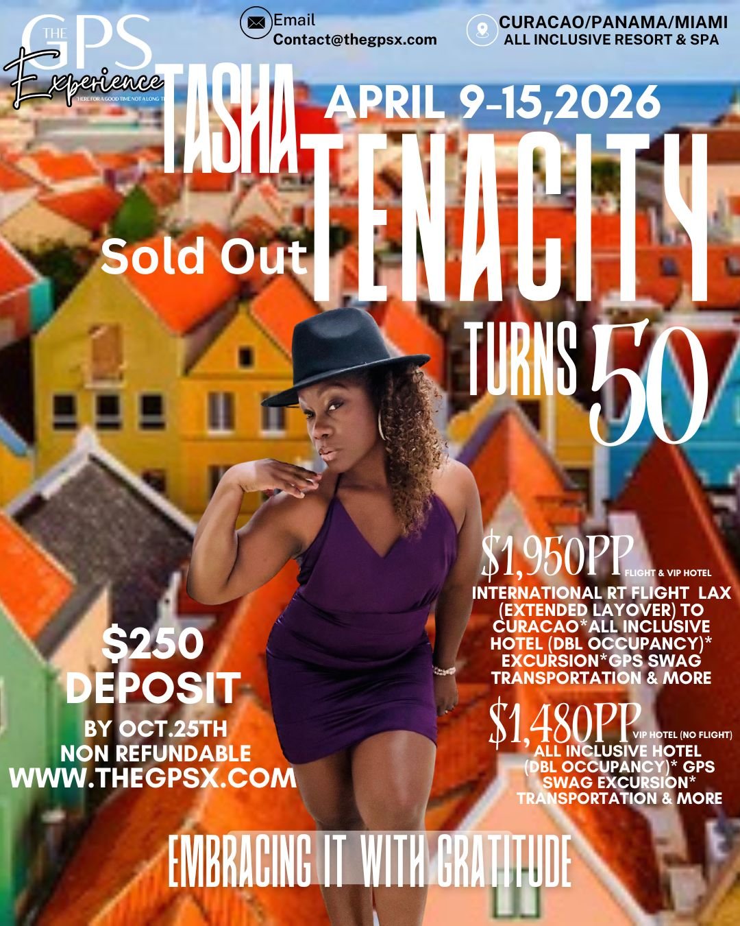 Travel advertisement featuring a woman in a purple dress and black hat with a colorful background of houses, promoting an trip to Curacao and Panama from April 9-15, 2026, celebrating Tisha's 50th birthday.