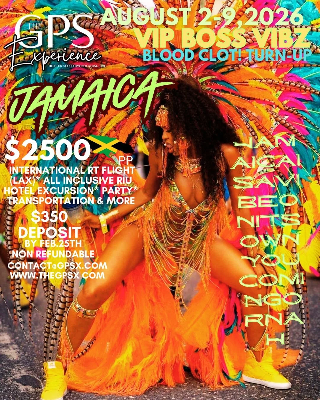 A woman in colorful carnival costume with feathers and beads, dancing at a street parade with vibrant costumes and decorations.