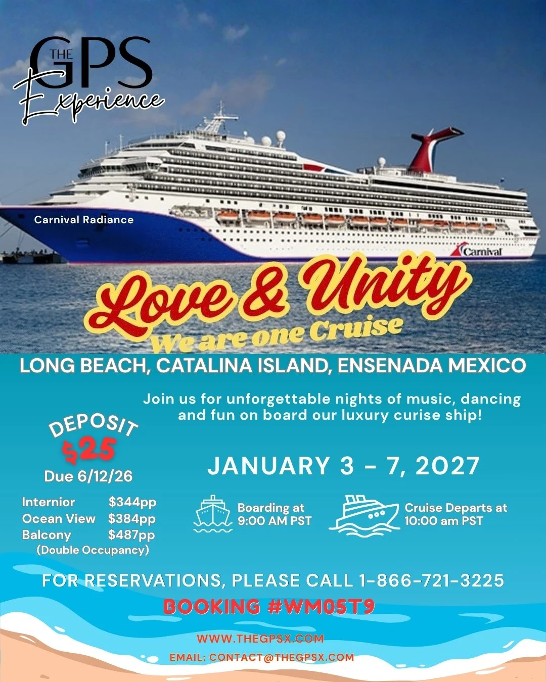 Love & Unity Catalina & Ensenada Cruise 2027         
Contact Carnival Cruise Line to Book
