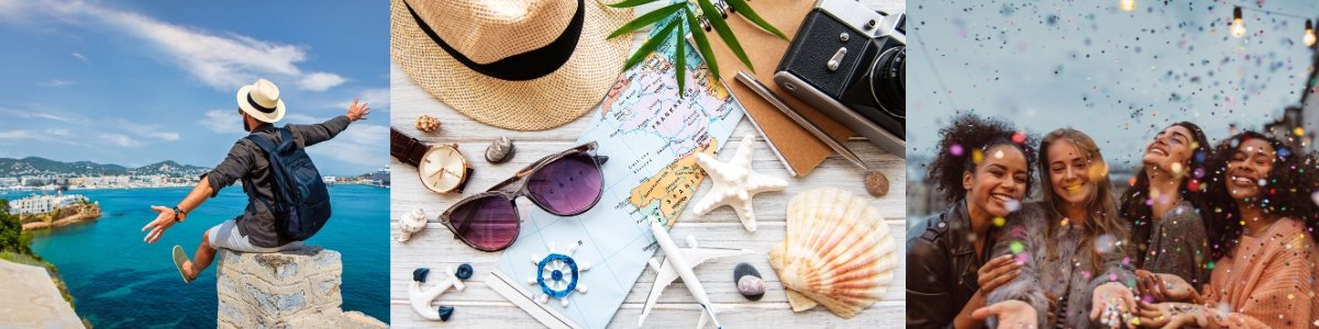 Collage of travel scenes: person overlooking a coastal city, travel essentials on a map including sunglasses and a camera, a group of friends enjoying a celebration with confetti.