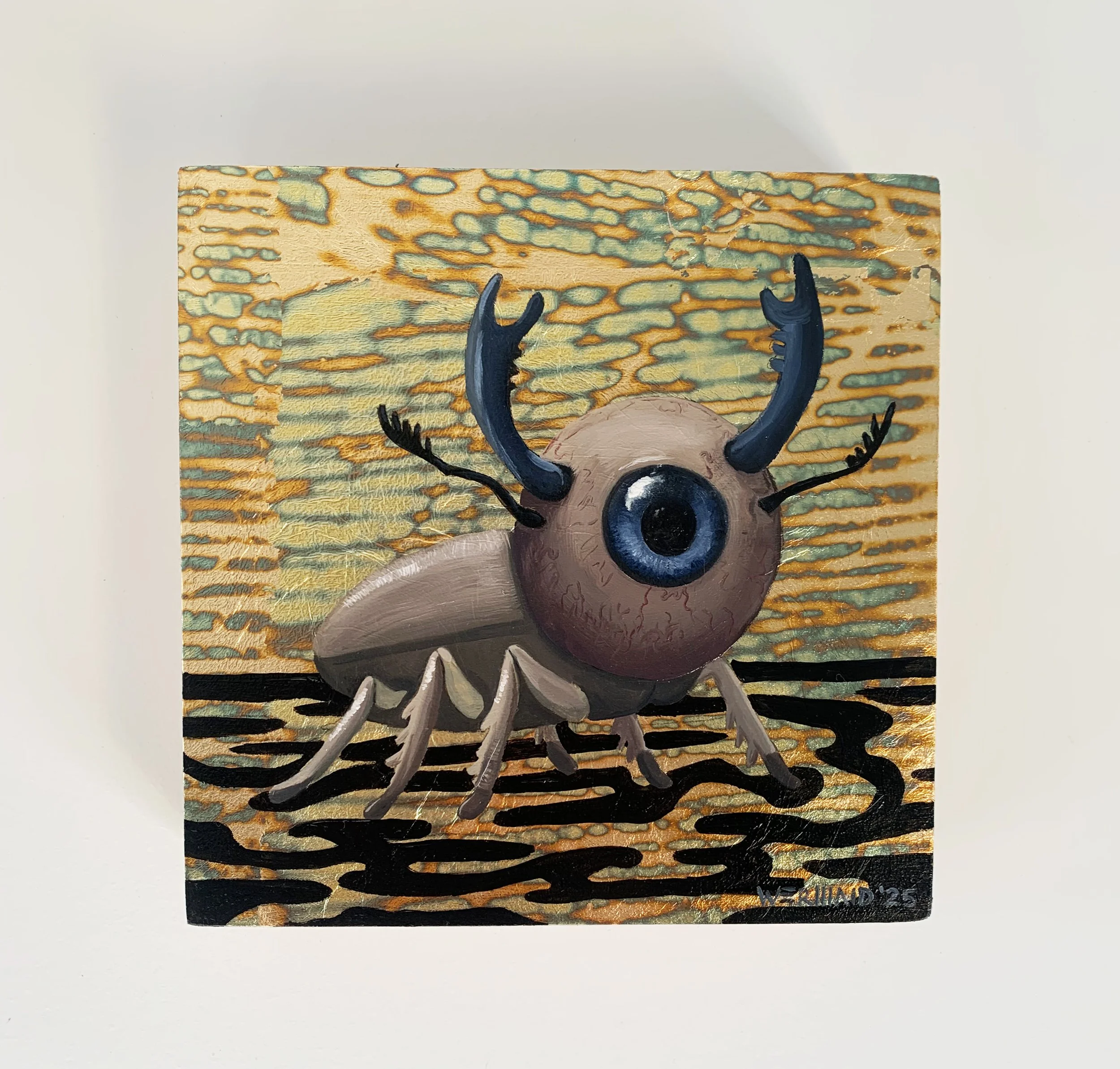 Watchor - 25cm by 25cm oil on birch canvas cradled panel, burnished copper gilded background