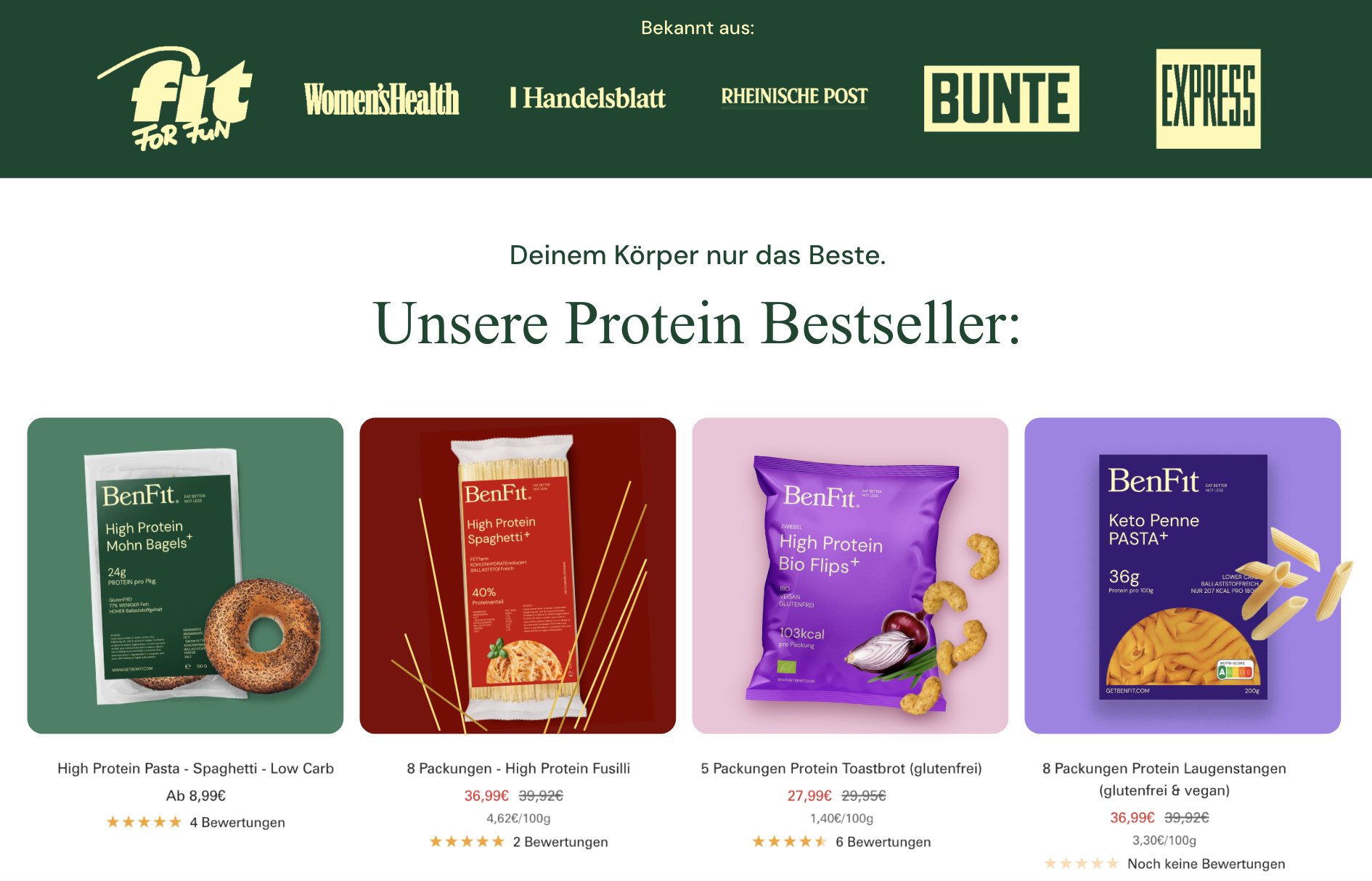 Übersichtsseite eines Protein-Produkteshops mit verschiedenen Proteinprodukten in Verpackungen in unterschiedlichen Farben, inklusive Preisen und Bewertungen.