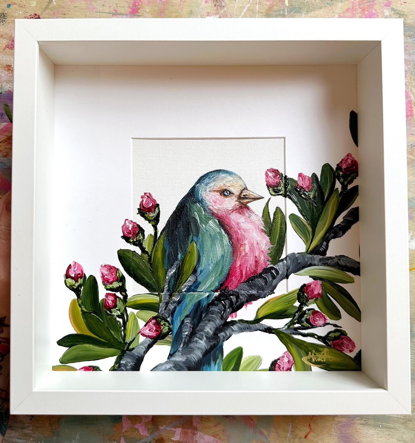 🌸🌿 The Plum Puff bird 🌸🌿
Available Framed Original art work
She is looking for her new home x
🌲Size 27x 27cm square with Painted frame ✨
🫐Price &pound;250
Plus p&amp;p 
🌸The puffy spring bird who turns blossoms to fruit! (And eats as much of t