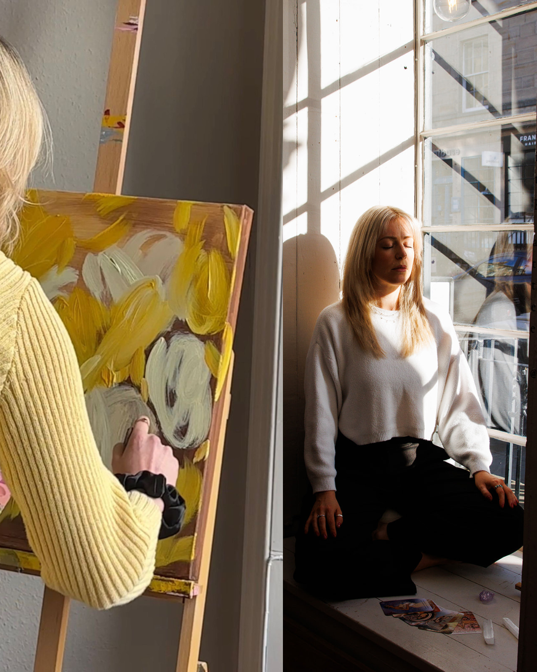 A woman sitting cross-legged on the floor near a large window, with her eyes closed in a meditative pose, sunlight casting shadows on her face, and some tarot cards and small objects on the floor nearby.