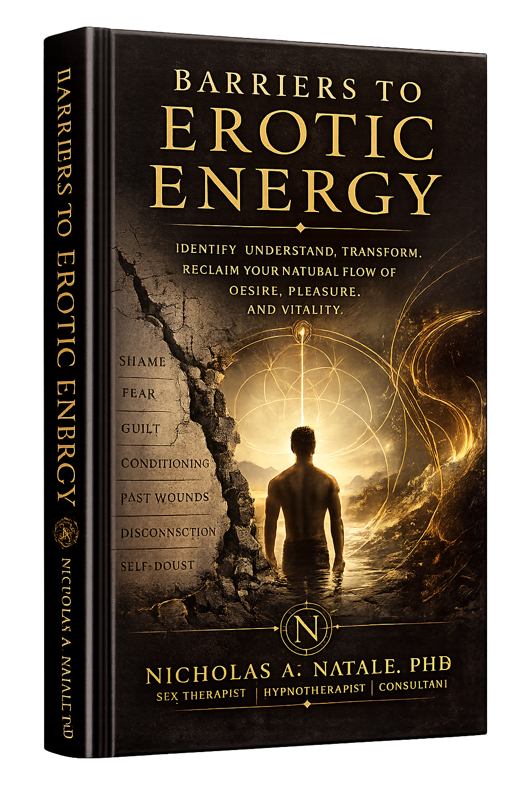 Book titled 'Barriers to Erotic Energy' by Nicholas A. Natale, PHB, with a cover featuring a person standing in water, illuminated by a glowing light above, with a cracked wall and abstract gold swirl designs.