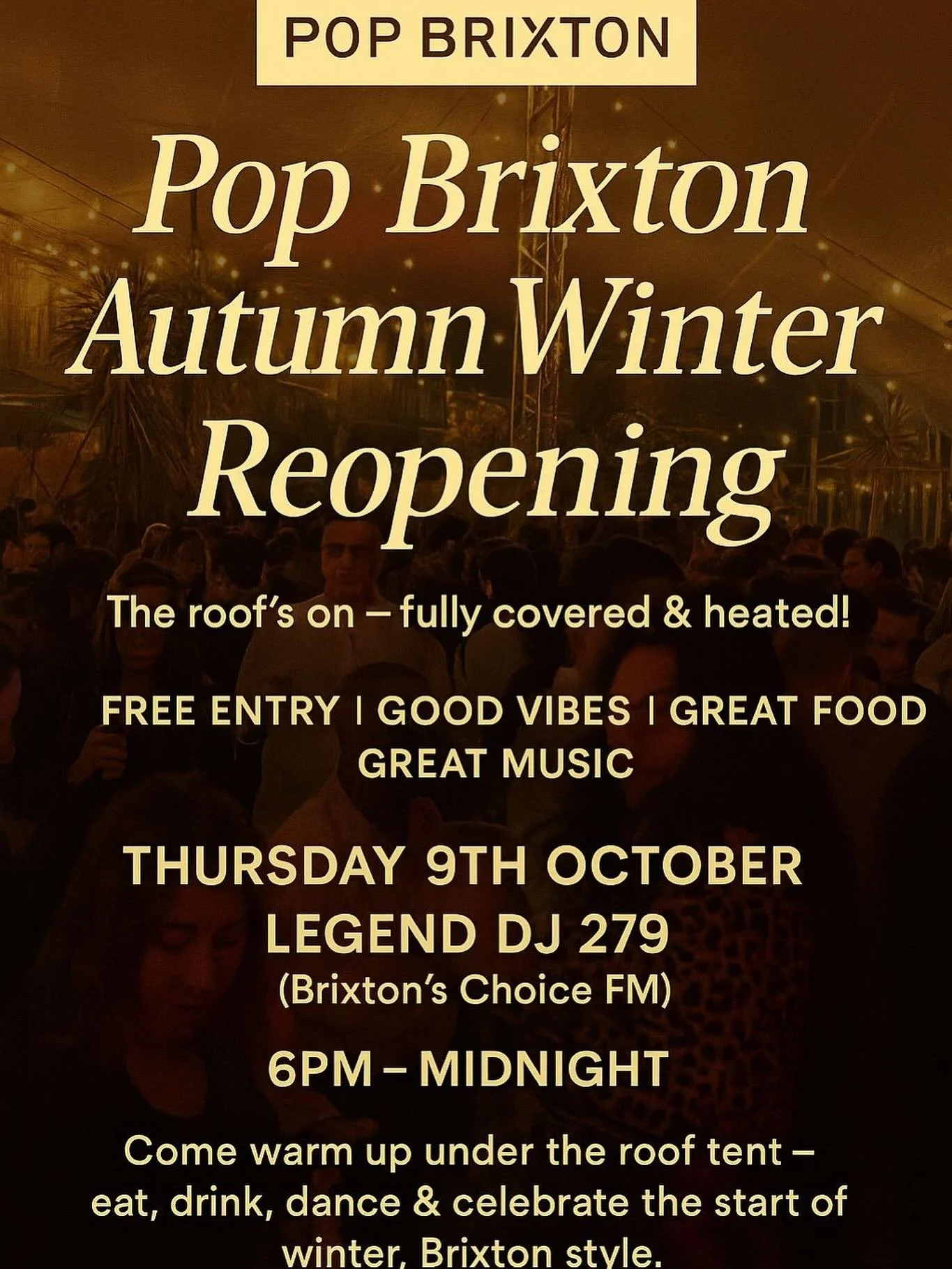 Tomorrow night we turn up at Pop Brixton 🔥
Heaters on, roof up, and @numberman279 bringing the sound 🎶
Good food, good vibes, good people. See you under the tent 👀

#popbrixton #brixton #whatson #goodvibes #thursdaynightfun #brixtonnights #freepar