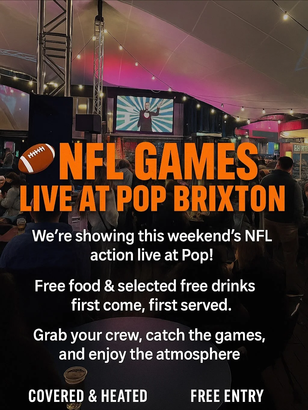 🏈 NFL LIVE: JAGUARS VS RAMS 🏈
This Sunday 19th October we&rsquo;re showing the NFL game live at Pop Brixton!
Free food &amp; selected free drinks available (first come, first served) 🍔🍻
Grab your crew, catch every play, and enjoy the vibes!

Kick
