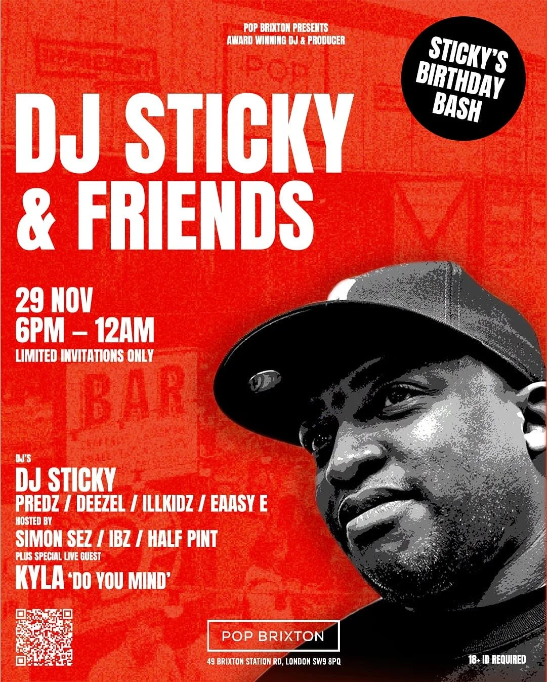 Garage lovers, get ready to celebrate a legend📀
DJ Sticky & Friends take over at POP Brixton for his exclusive birthday bash packed with pure vibes, UKG classics, and live performances. 💥
📅 29 Nov 
🕧6PM–12AM 
Limited invitations only