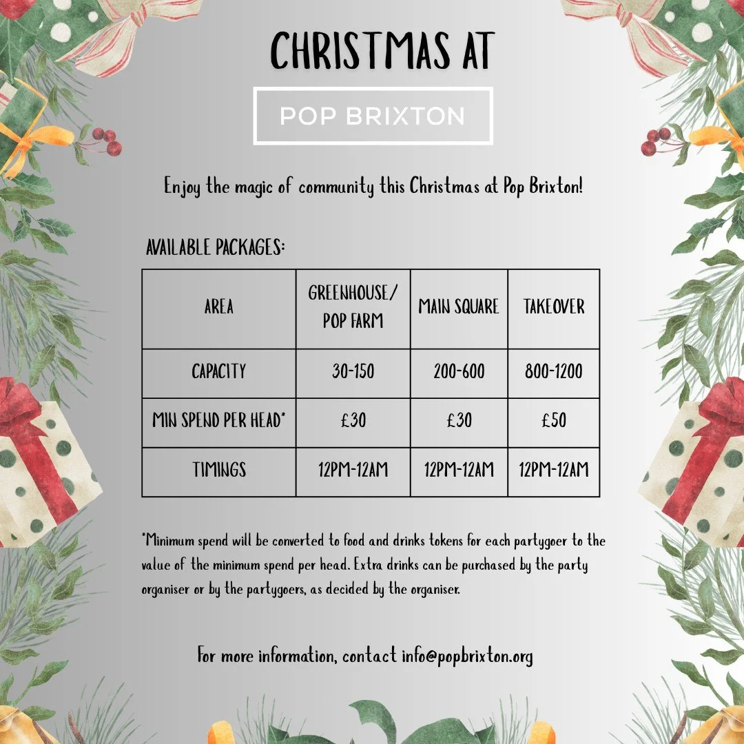 🎄 Last-minute Christmas party panic? Don&rsquo;t stress - we&rsquo;ve got you covered (literally, there&rsquo;s a roof). Book your festive bash at Pop Brixton now! 🎅✨

Enquire now for availability - info@popbrixton.org