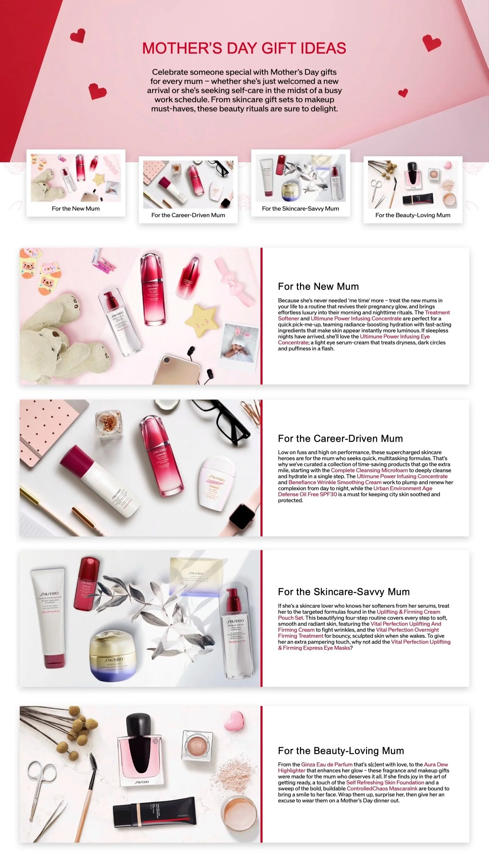An article showcasing Mother's Day gift ideas from Shiseido.