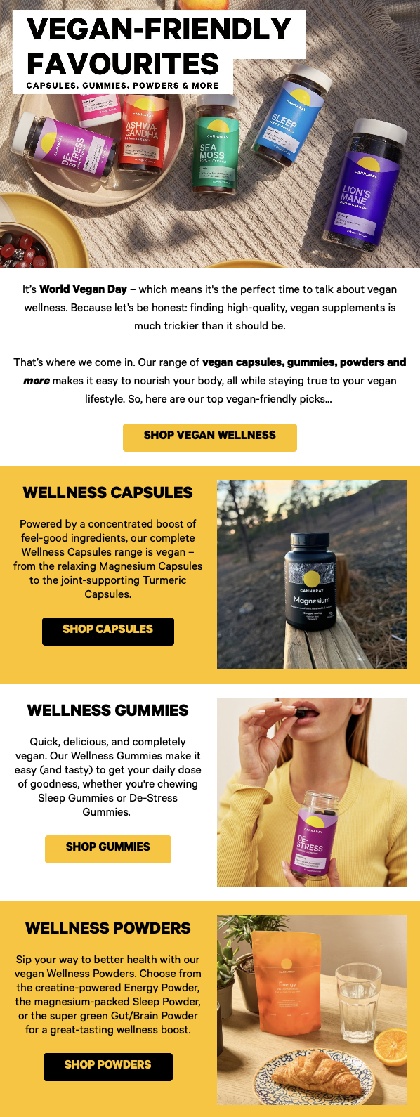 Image of vegan-friendly supplements including capsules, gummies, powders, and more, with colorful labels and a headline promoting vegan wellness products.