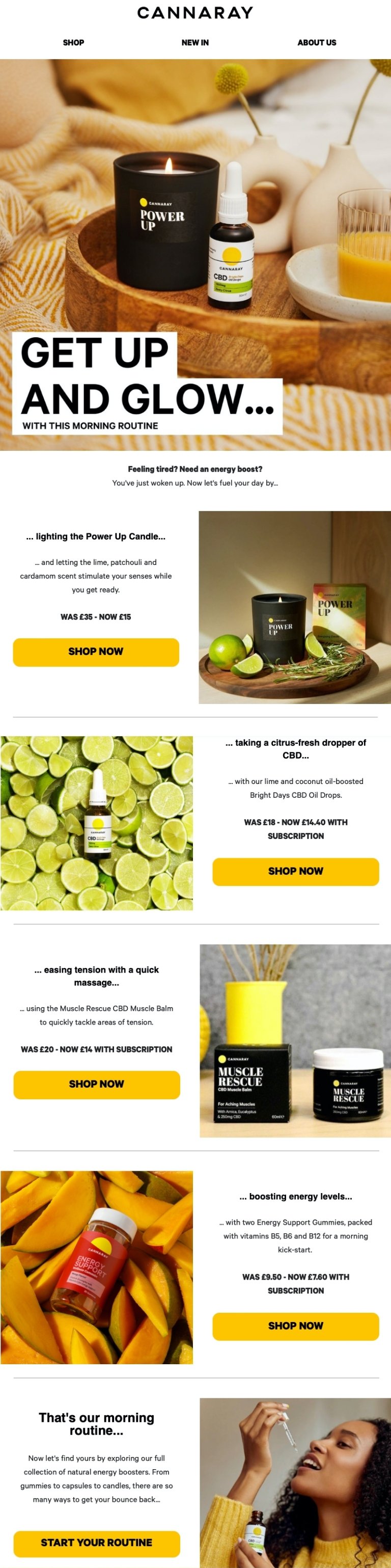 Screenshot of Cannaray health products website featuring various CBD and energy products, including a candle, CBD drops, muscle balm, energy gummies, and a woman using a CBD dropper.