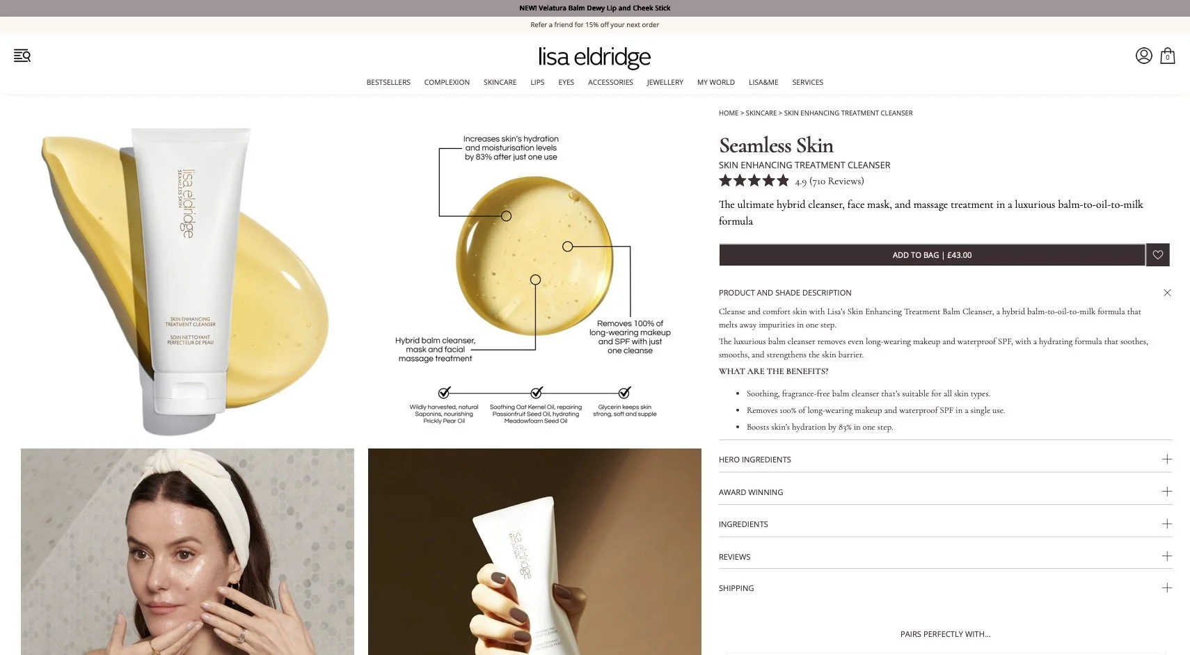 A product webpage displaying Lisa Eldridge Seamless Skin Skincare Treatment Cleanser, a white tube with gold lettering, alongside a visual showing the product's benefits and key ingredients, with a woman applying skincare product on her face.