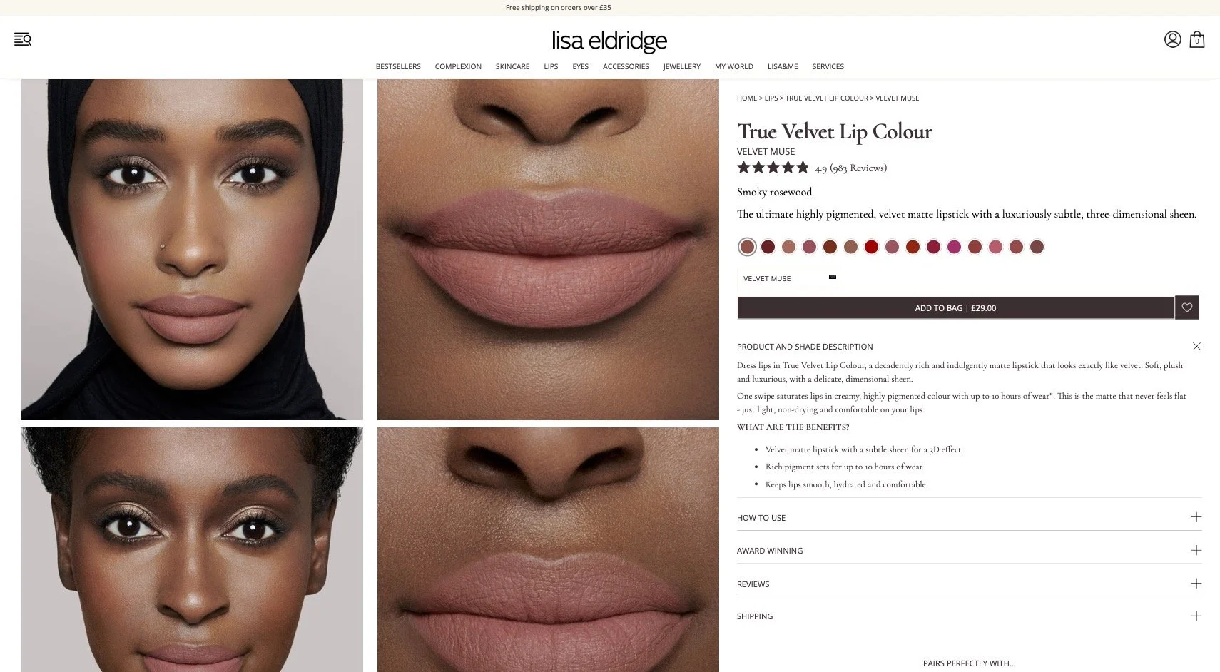 A webpage displaying Lisa Eldridge's True Velvet Lip Colour in Shade Muse, with images of a woman with makeup showing the lip color, and close-up of lips. The product description highlights the velvet matte finish and pigment longevity, with color op
