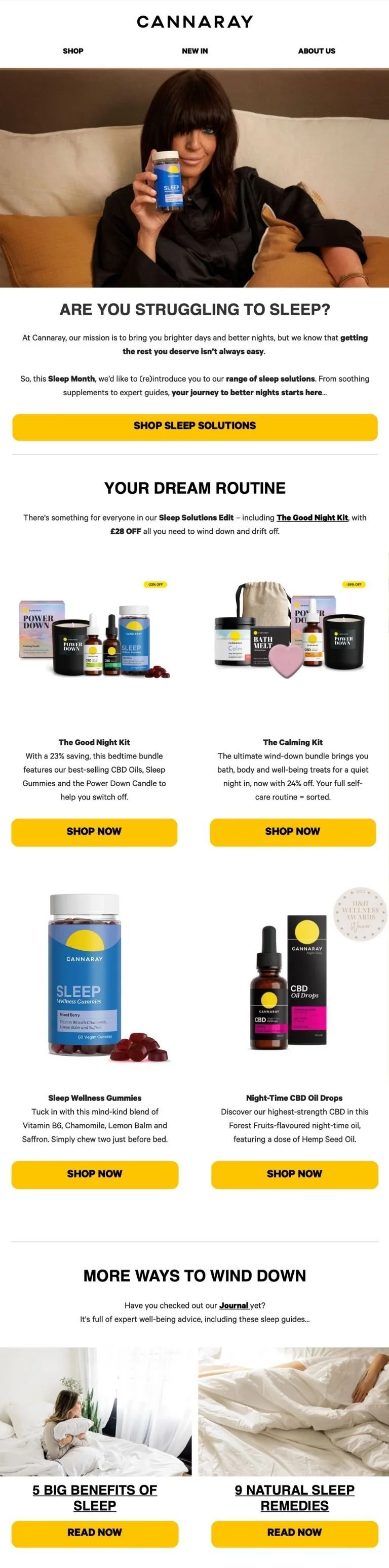 A woman with dark hair and bangs sitting on a bed, holding a sleep supplement bottle, smiling at the camera. The webpage promotes sleep products from Cannaray with sections on different sleep solutions and products, including gummies and CBD drops, f