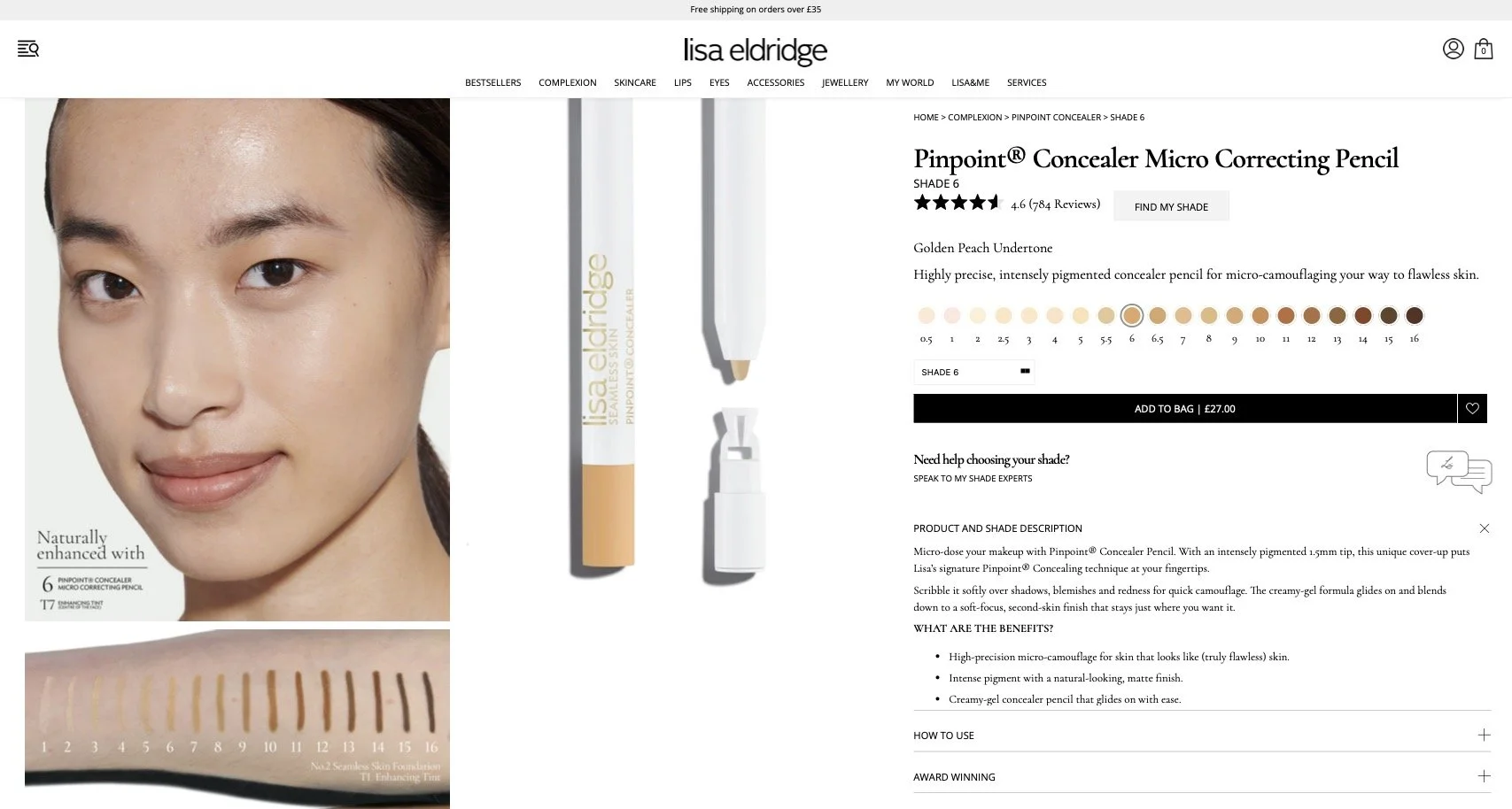A woman with clear skin, smiling softly, with swatches of concealer shades below her chin. There is a display of a concealer pencil and its packaging next to her face on a product webpage.