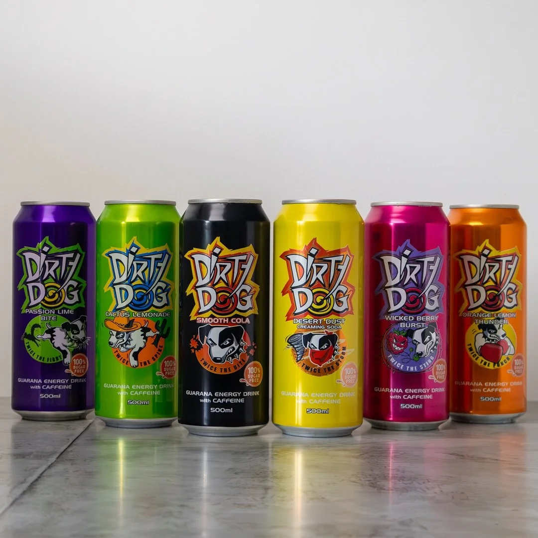 I seem to be attracting beverage clients lately - and I&rsquo;m not mad about it. 🫶🏻📸

Another fun set of cans, this time for Dirty Dog.

A 100% sugar free energy drink with a fab range of flavours.

I was asked for a mix of shots, and ended up pr