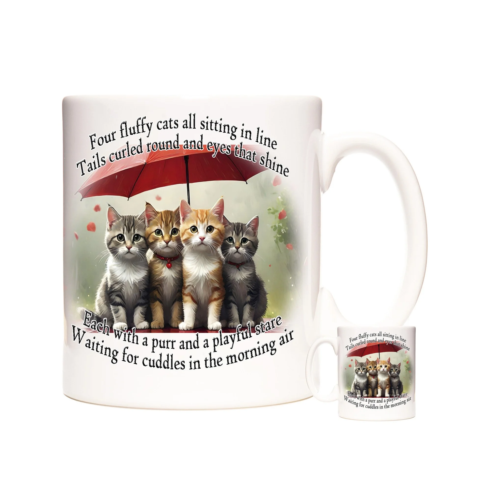 Cat Gift Coffee Mug. Four Fluffy Cats All Sitting in line. Charming Picture of Tabby Cats on an 11oz Ceramic Mug for cat Lovers