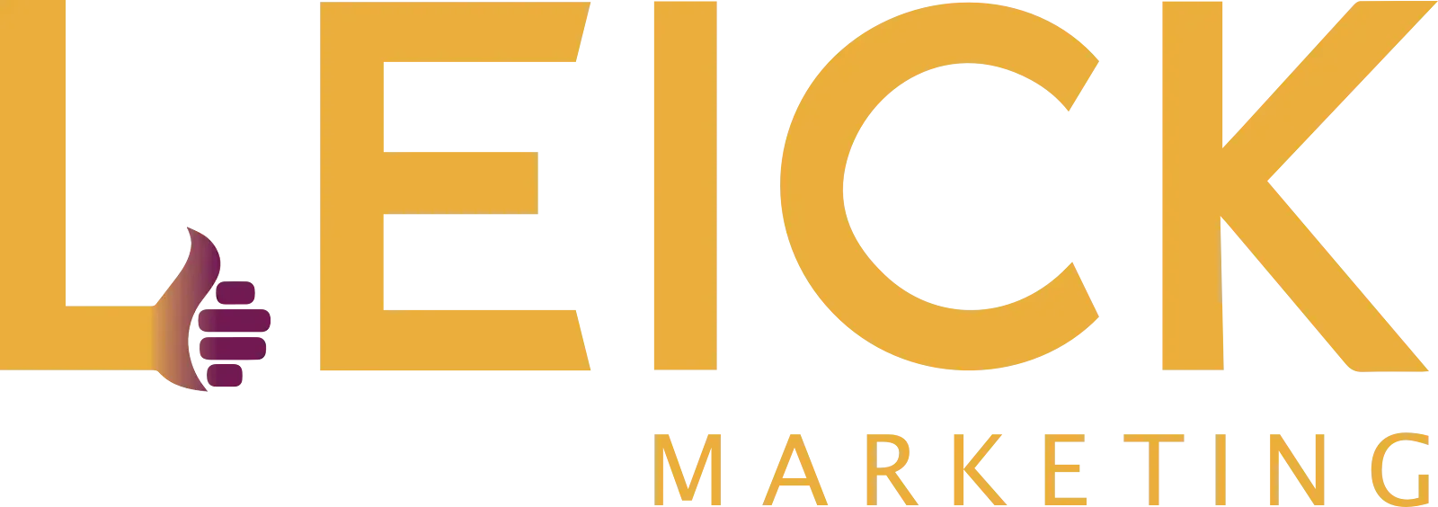 Logo for Leick Marketing featuring bold gold text, a purple thumbs-up icon, and the word 'MARKETING' beneath.