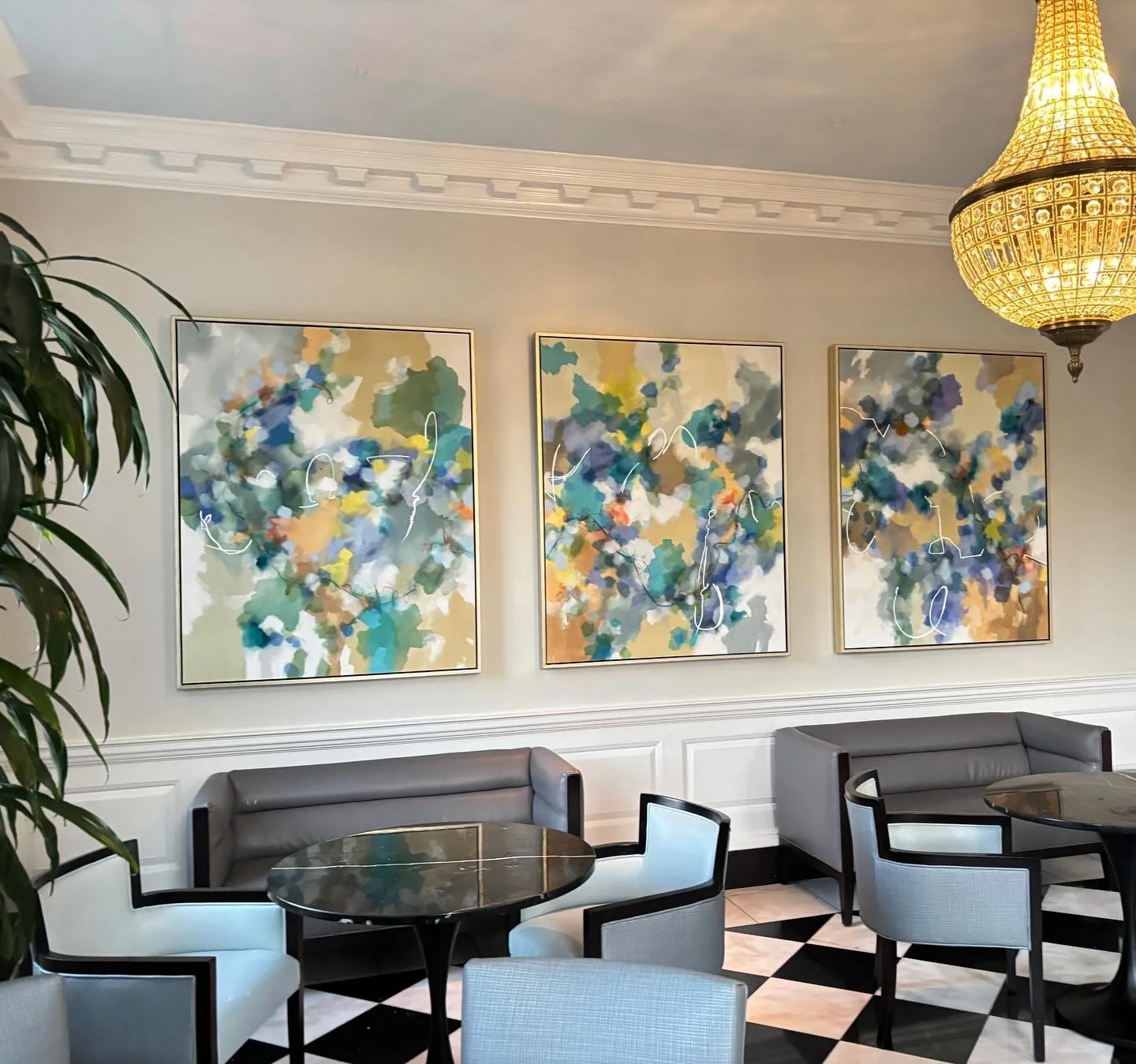 Bringing both light and calming energy into the historic lobbies of Emory University Hospital were the main goals of the art program.  I think we nailed it!  Cynthia Knapp's triptych &quot;Respite&quot; provides staff, visitors, and patients with the