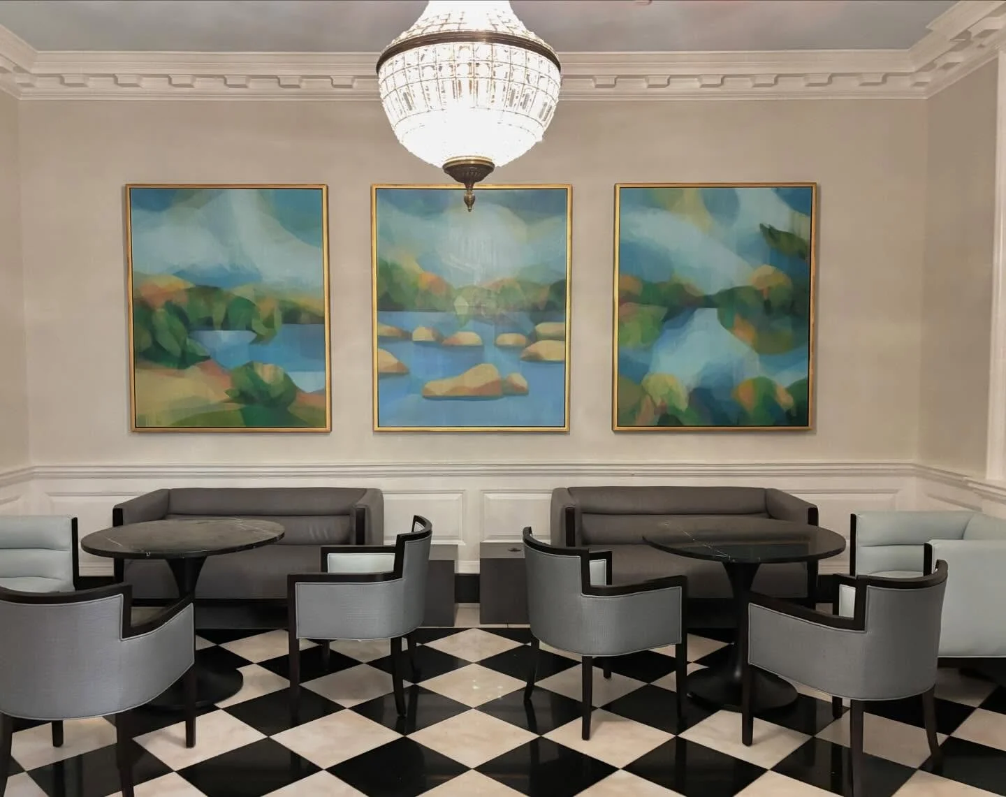 More beautiful art in Emory University Hospital's historic lobby!  This commissioned series by Katherine Sandoz is based on her studies of parks around Atlanta, including Lullwater Preserve, which is an amazing natural space right on Emory's campus. 