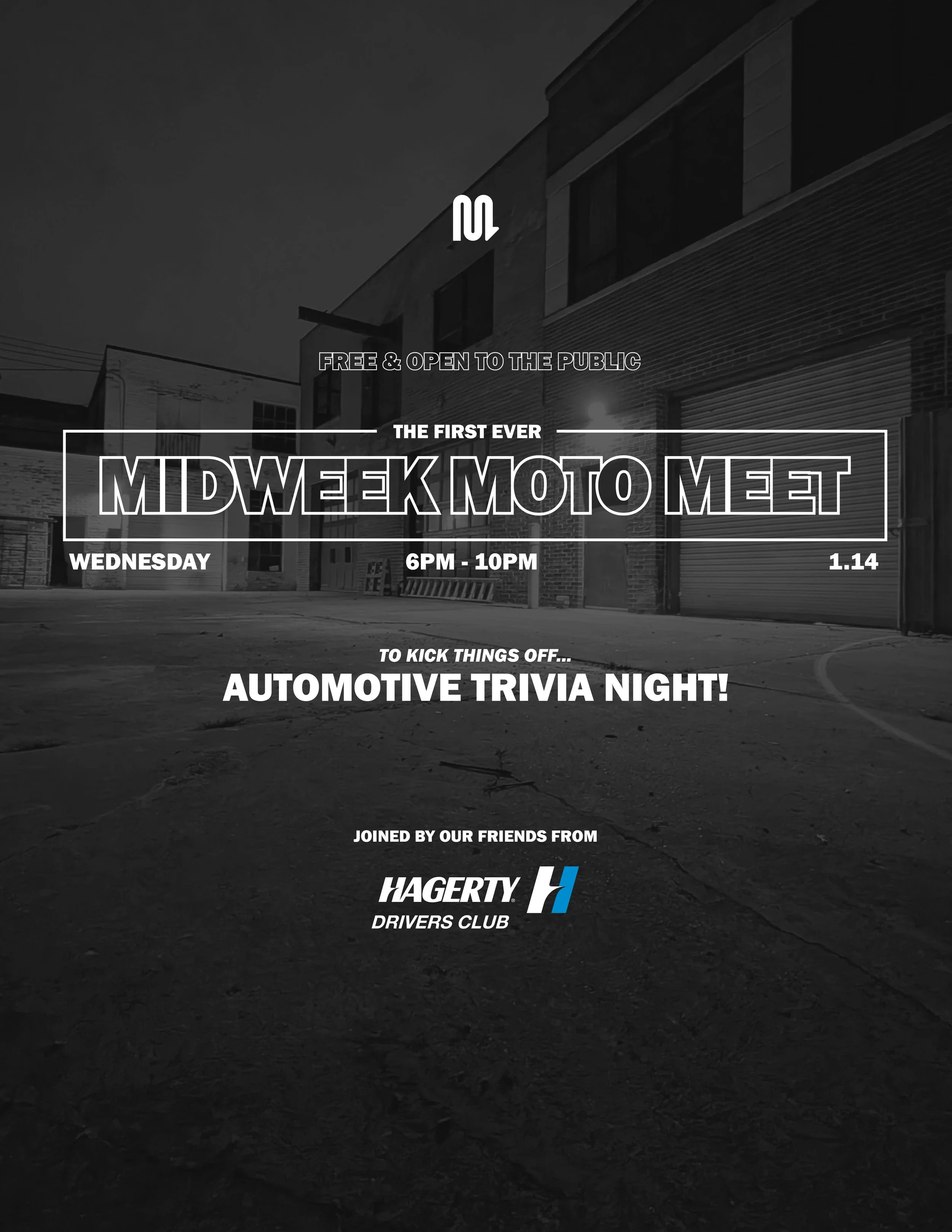 a flyer describing the motorcycle meetup event that happens weekly at MOTO in Ferndale, Michigan. This one hosts Hagerty Driver's Club for an automotive trivia night.