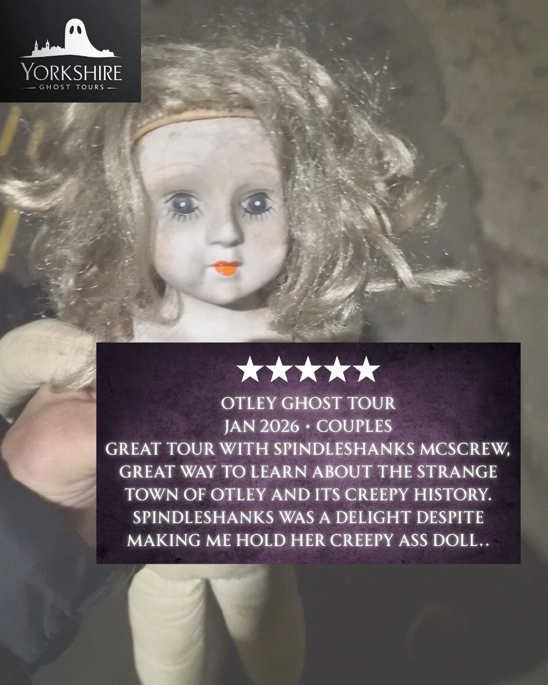 A lovely customer review from last weekend's #otleyghosttour which was accompanied by some fab shots of Freaky Francesca, the Jubilee Clock and Spindleshanks McScrew caught in a rare moment of whimsy! 👻

Book onto the Otley Ghost Tour for your chanc