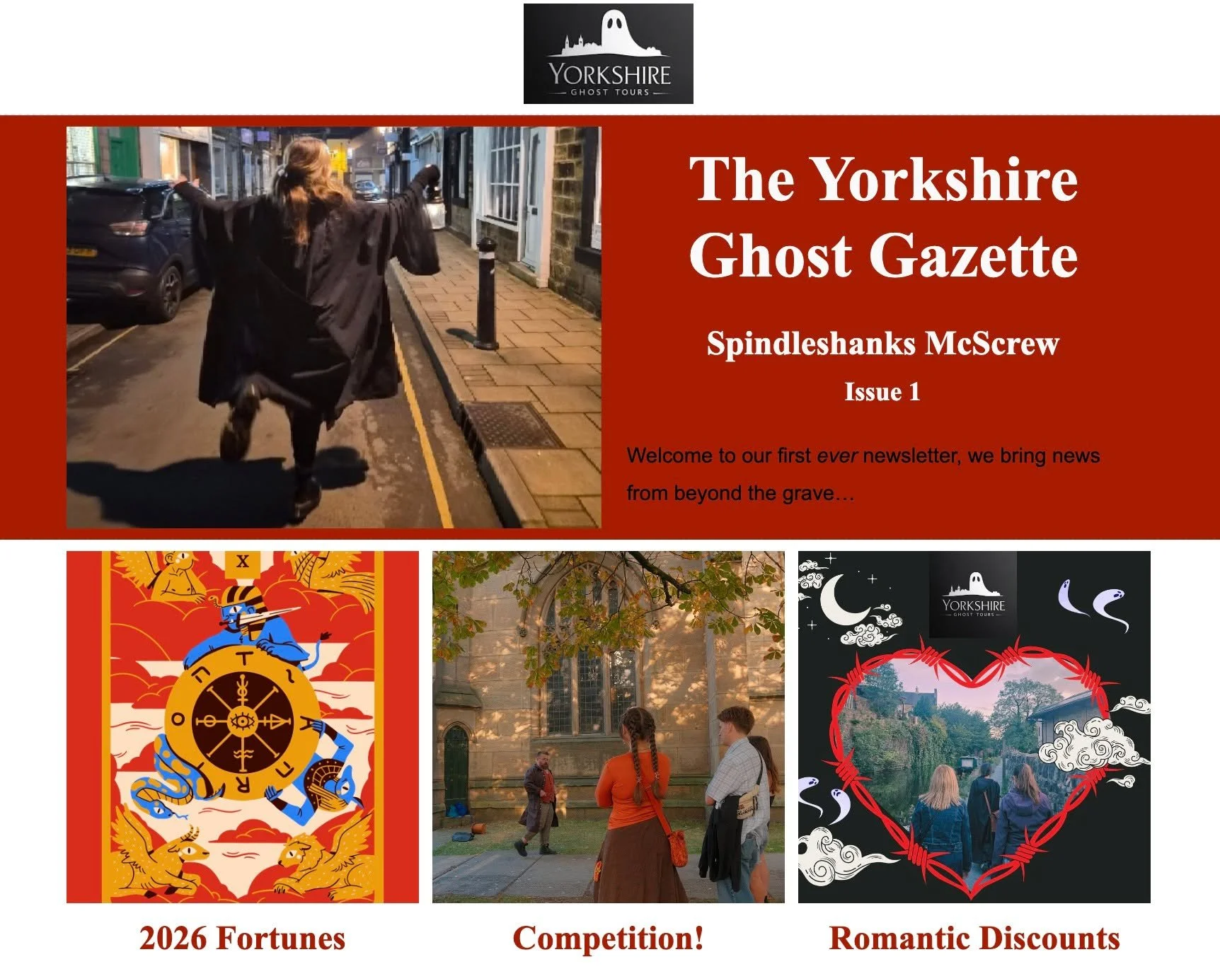 We bring news from beyond the grave... with our brand new monthly newsletter! The Yorkshire Ghost Gazette. 👻

🗞 This will be a monthly download of all our ghostly goings-on, the latest discounts, competitions, recommendations, monthly ghost stories