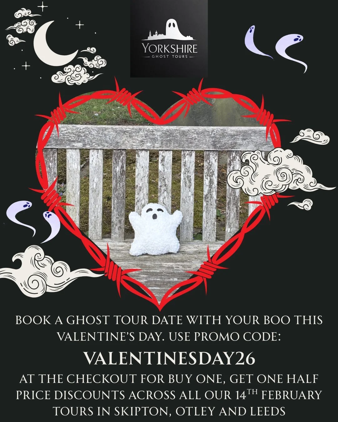 Looking for a last minute Valentine's date plan?! Look no further. 

Book a tour with Yorkshire Ghost Tours and explore a quaint, romantic, ghost-ridden town with your boo. 

And! Our emotional support ghosts are now available to redeem once more at 