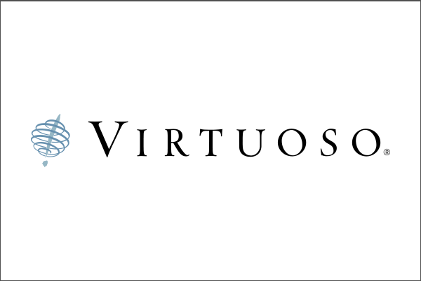 Virtuoso logo with stylized globe icon on the left