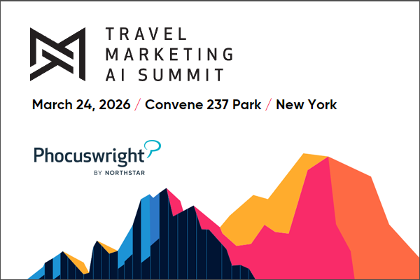 Event poster for the Travel Marketing AI Summit on March 24, 2026, at Convene 237 Park, New York, with logo and colorful mountain graphic