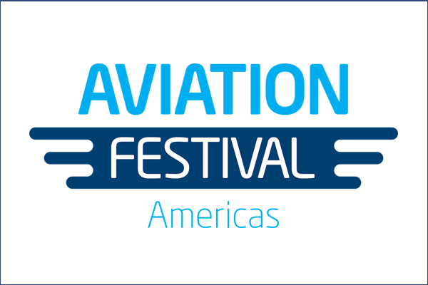A logo for the Aviation Festival Americas featuring the words 'AVIATION FESTIVAL' in blue and white with stylized lines, and 'Americas' beneath in light blue.