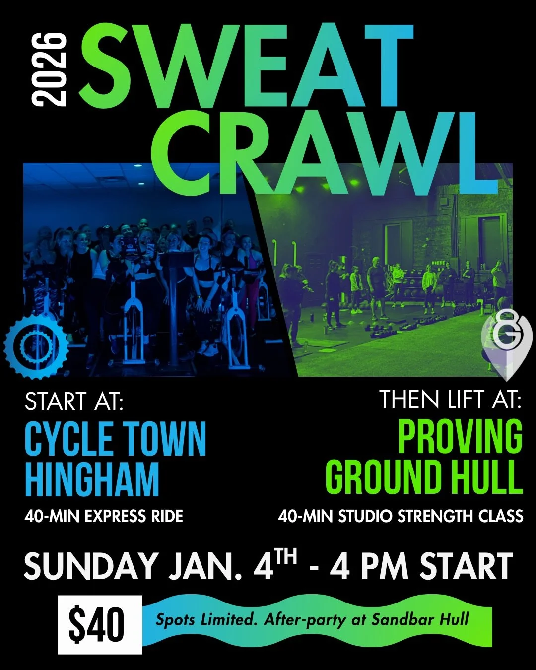 Ready to SWEAT IT OUT? The Proving Ground + Cycle Town Sweat Crawl is BACK&hellip;and it&rsquo;s the most fun you&rsquo;ll ever have working out!

Here&rsquo;s the deal for 2026:
🚴&zwj;♀️ Start at Cycle Town Hingham for a 40-minute express spin ride