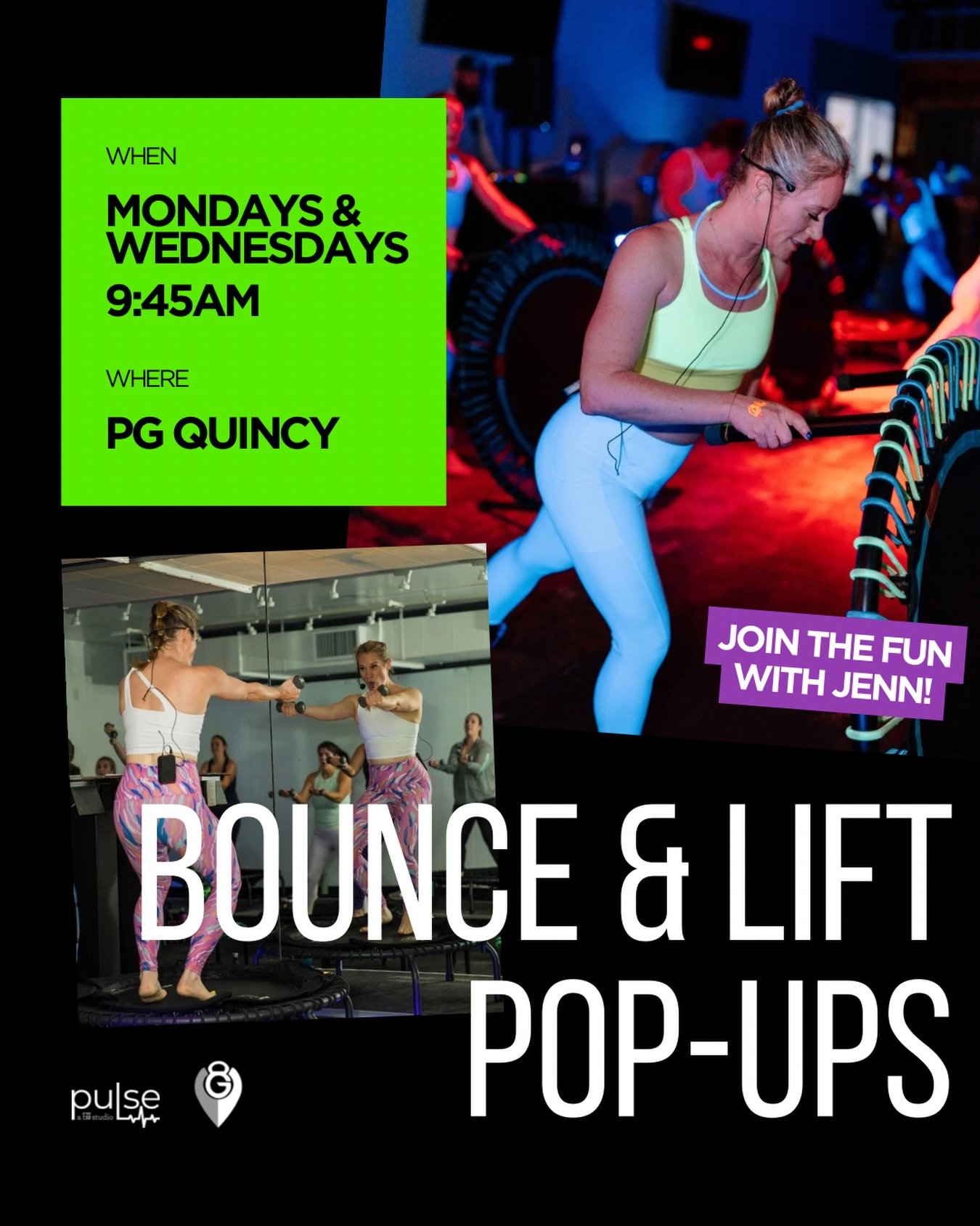 ✨ BOUNCE &amp; LIFT POP-UPS @ PG✨

Ready to sweat, smile, and bounce your way through January? 

Join us for Bounce &amp; Lift Pop-Ups with Jenn in Quincy 🔥

🗓 Mondays &amp; Wednesdays
⏰ 9:45 AM
📍 PG Quincy

What to expect:
✔️ High-energy cardio
✔